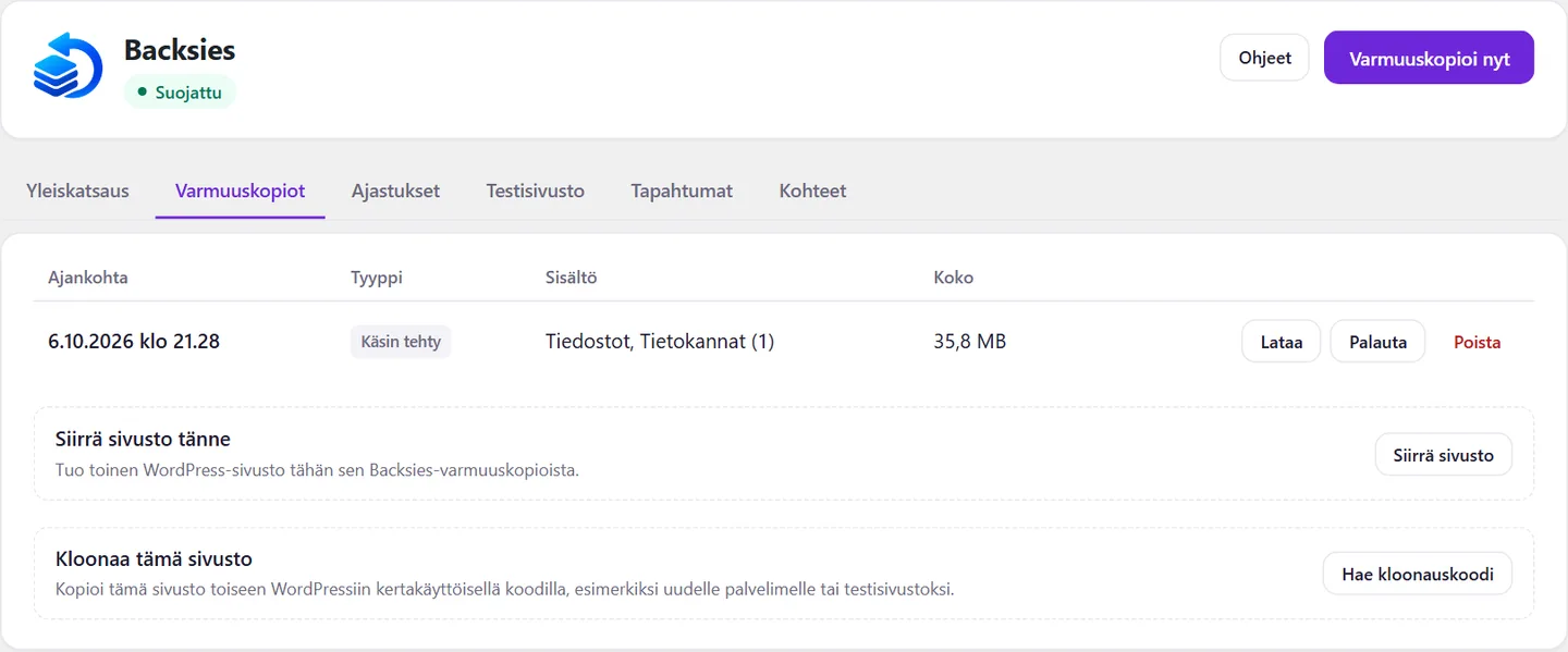 Backsiesin Varmuuskopiot-välilehti ja palautuspiste