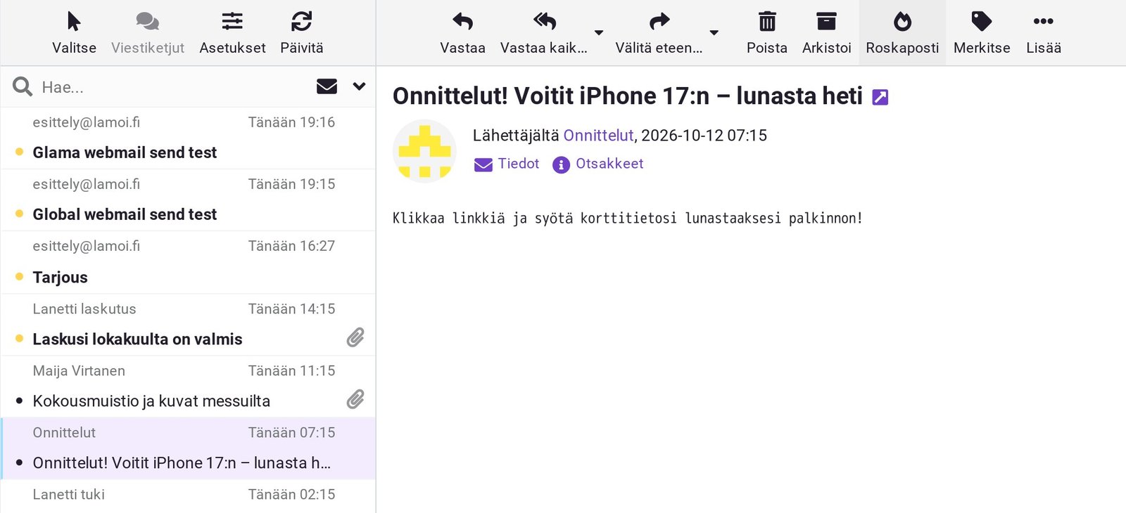 Roskaposti-painike epäilyttävän viestin kohdalla