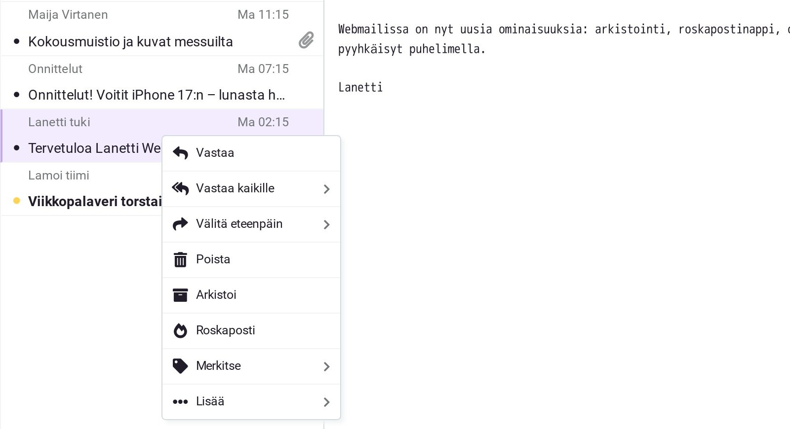 Oikean hiiren painikkeen valikko viestilistassa