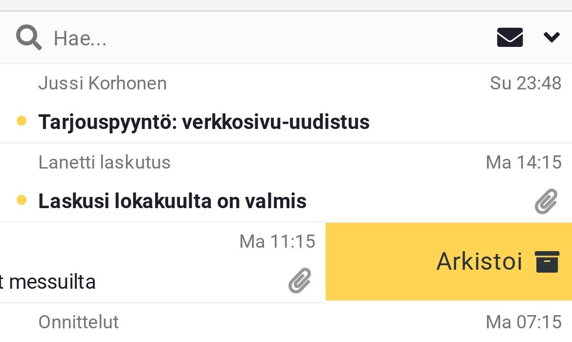Pyyhkäisy arkistoi viestin puhelimessa
